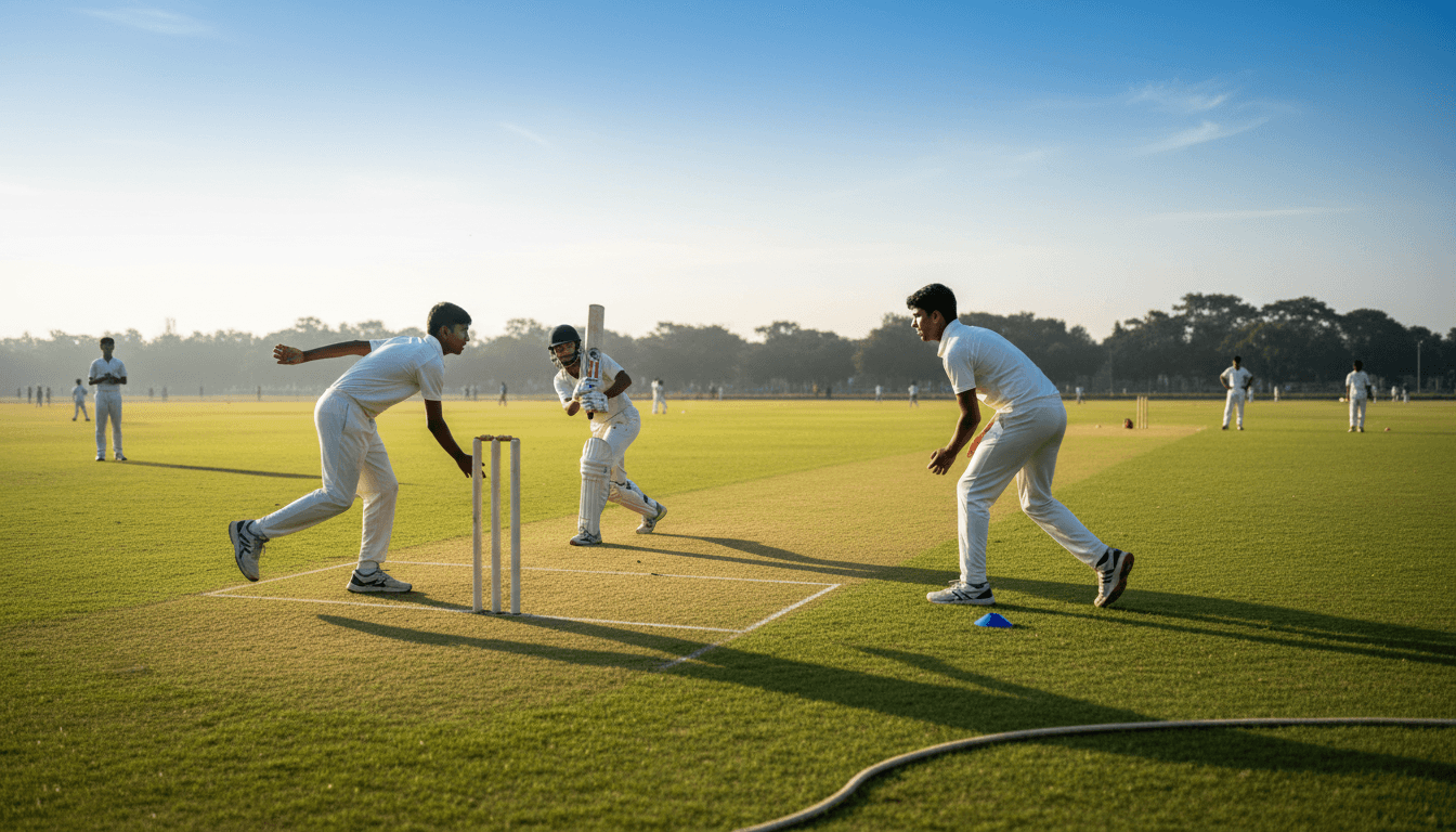 A bright, energetic documentary aesthetic wide shot of young cricket players in action on a well-maintained cricket ground in North Lakhimpur, Assam.