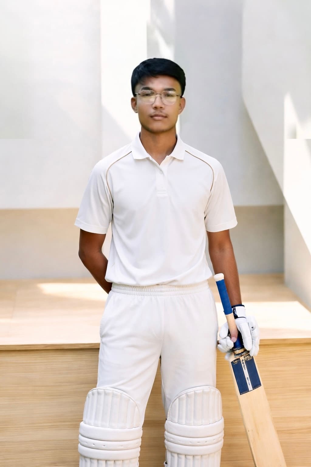 सफेद क्रिकेट पोशाक और चश्मा पहने एक युवा खिलाड़ी हाथ में बल्ला लिए खड़ा है।