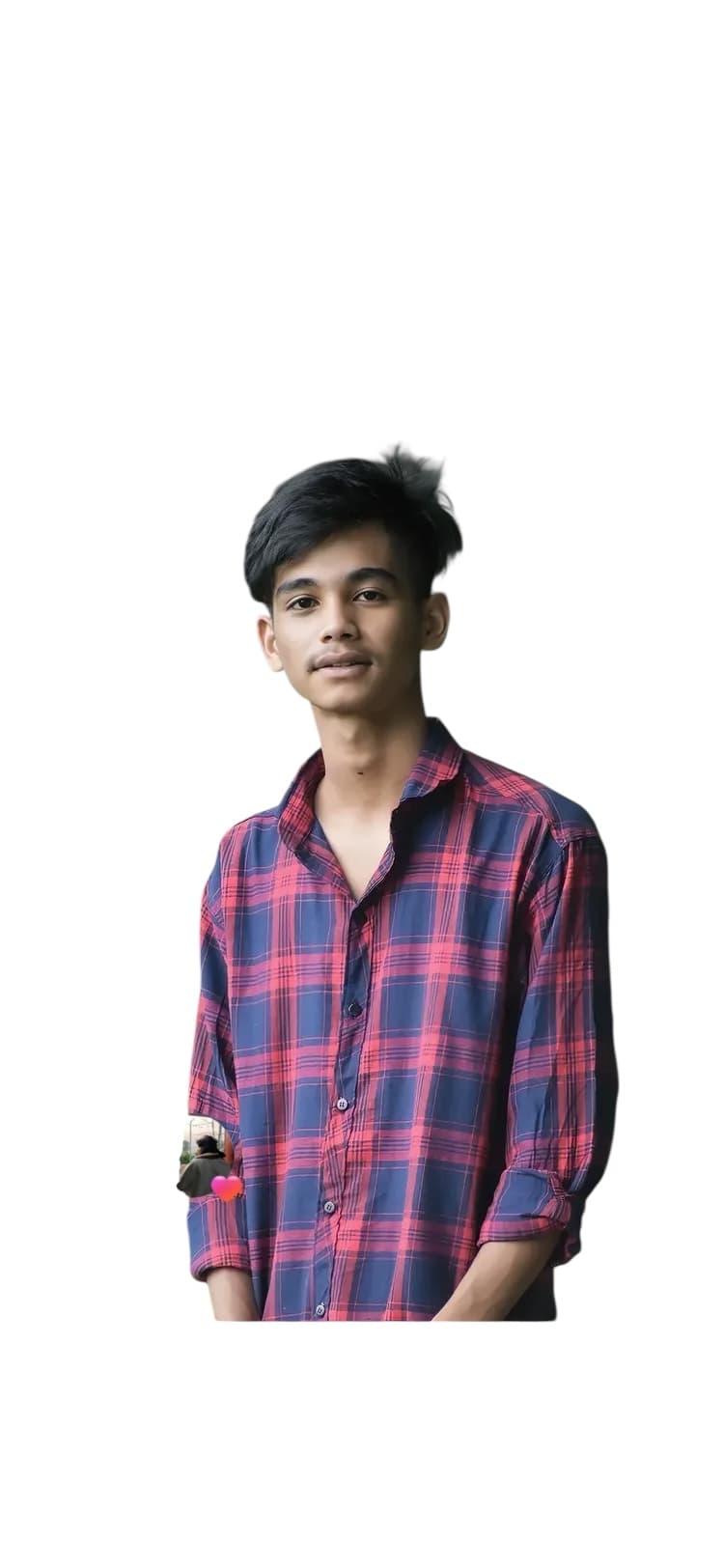 लाल और नीले रंग की चेक वाली शर्ट पहने हुए एक युवा लड़के का पोर्ट्रेट।